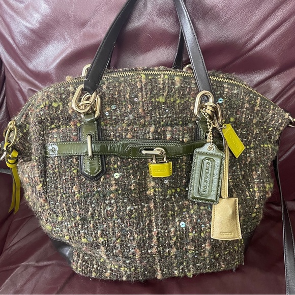 Authentic Rare COACH Chelsea Boucle Green Tweed Emerson Satchel Purse - Picture 7 of 14